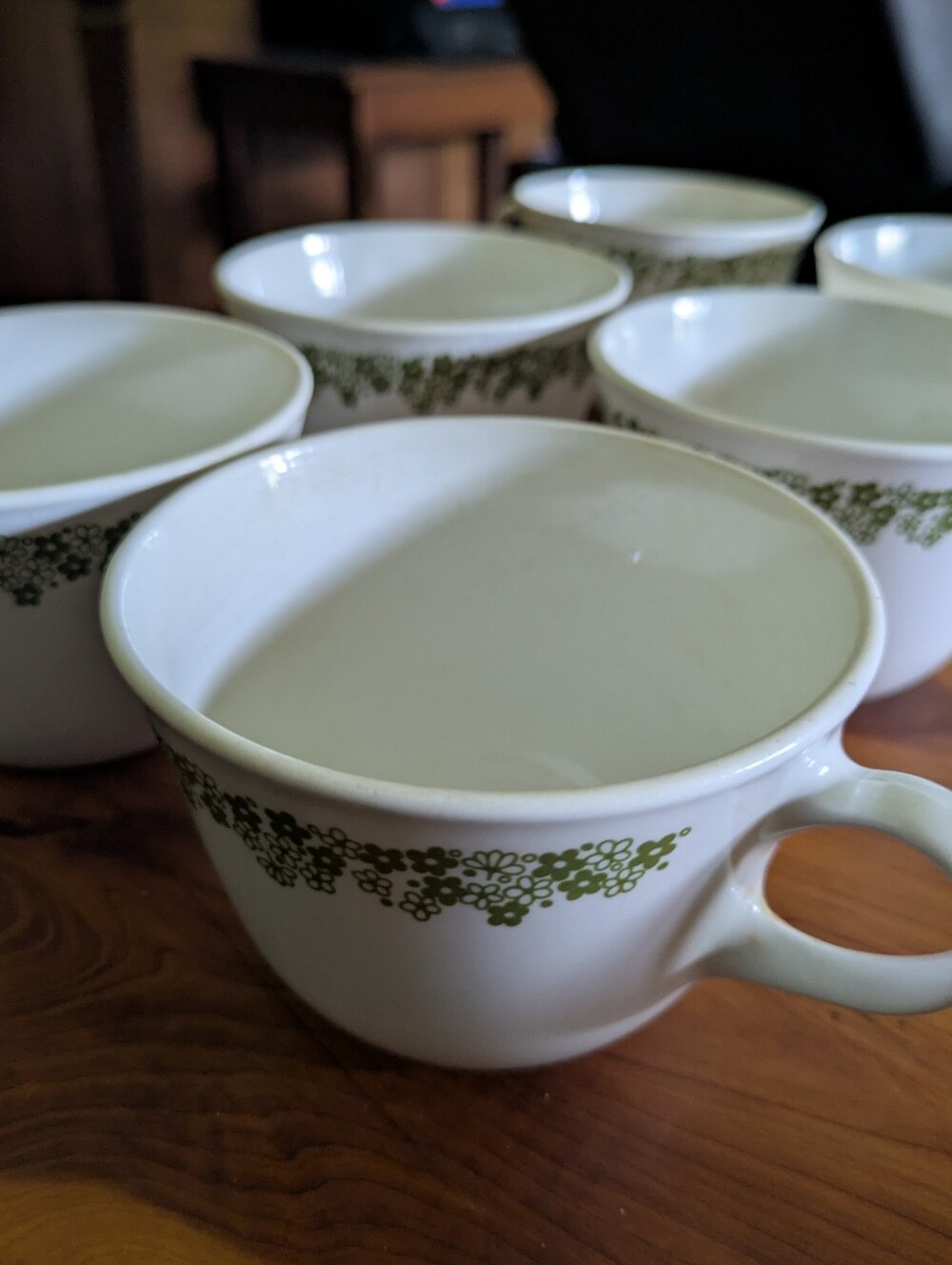 6 Vintage Collectible Corelle Crazy Daisy Cups with Green Floral Band